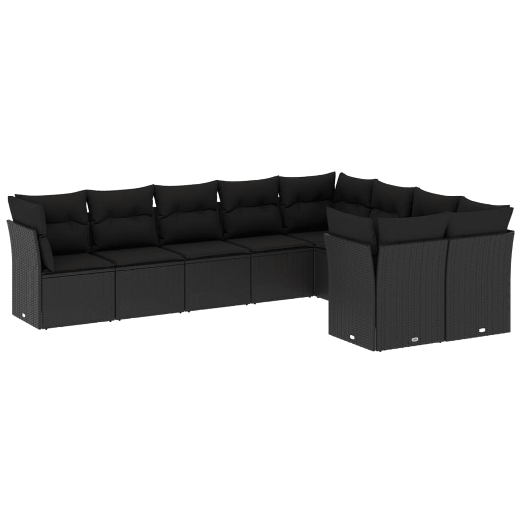 9-delige Loungeset met kussens poly rattan zwart