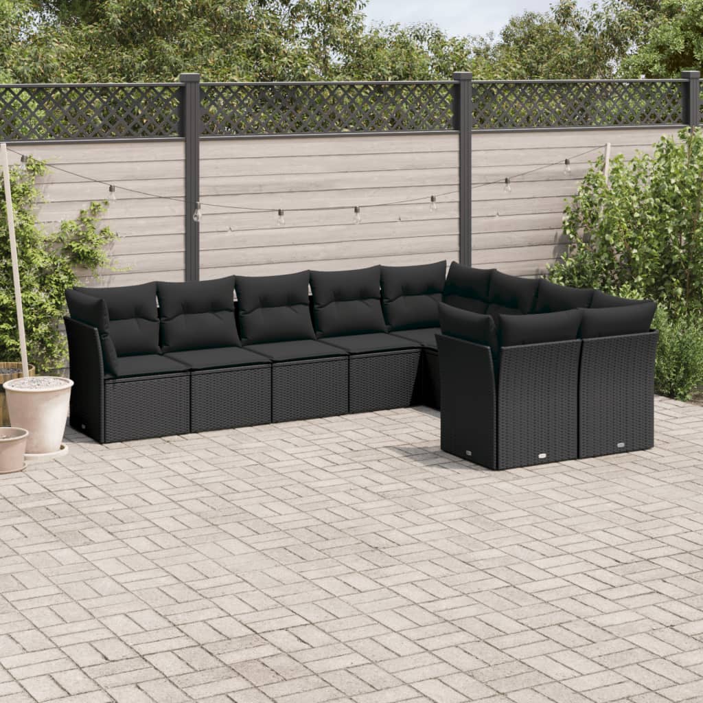 9-delige Loungeset met kussens poly rattan zwart