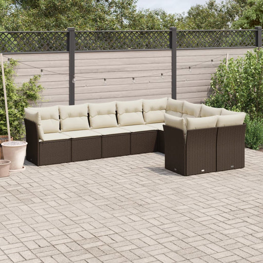 9-delige Loungeset met kussens poly rattan bruin