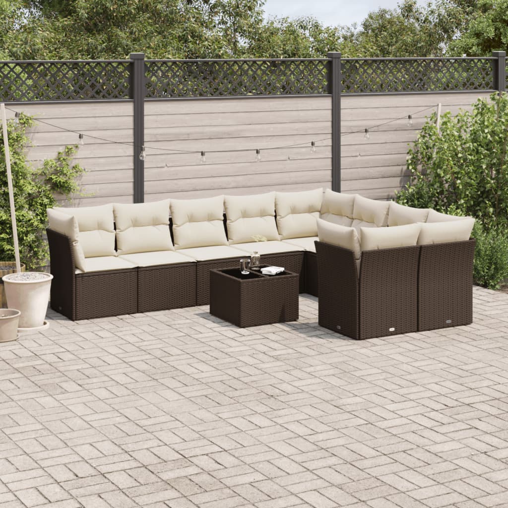 10-delige Loungeset met kussens poly rattan bruin