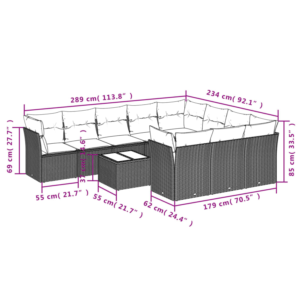 11-delige Loungeset met kussens poly rattan bruin