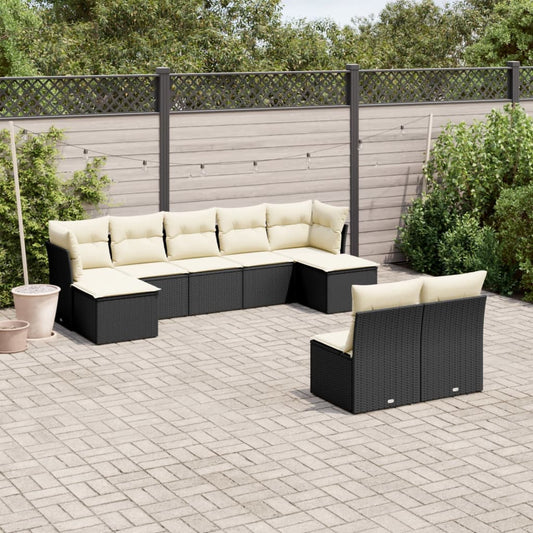 9-delige Loungeset met kussens poly rattan zwart