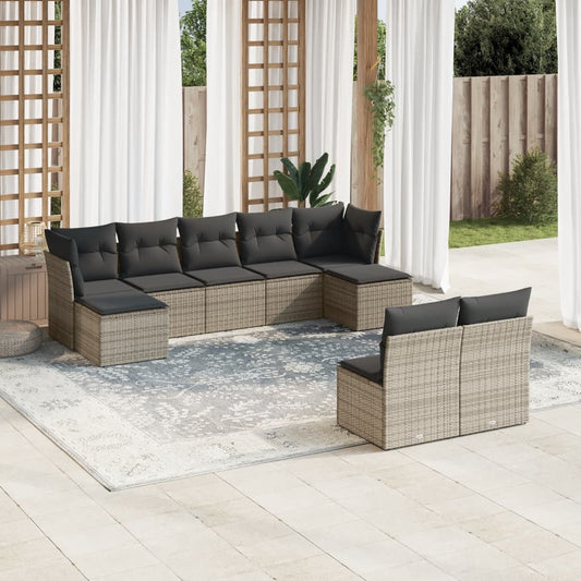 9-delige Loungeset met kussens poly rattan grijs