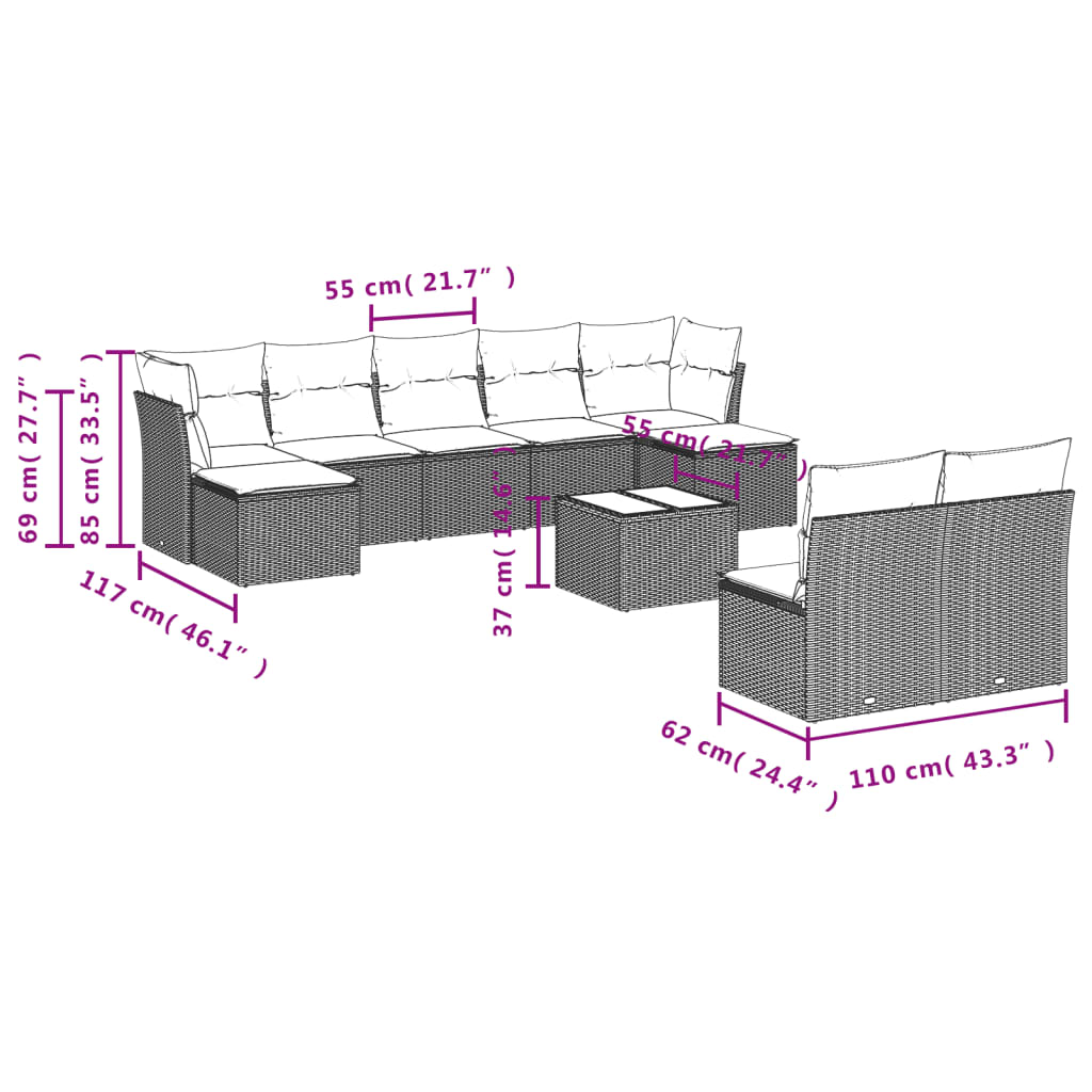 10-delige Loungeset met kussens poly rattan zwart Tuinsets | Creëer jouw Trendy Thuis | Gratis bezorgd & Retour | Trendy.nl