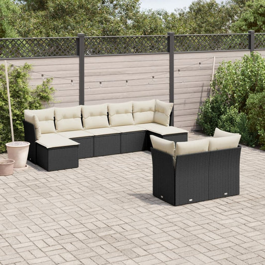 9-delige Loungeset met kussens poly rattan zwart