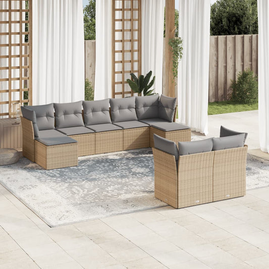 9-delige Loungeset met kussens poly rattan beige