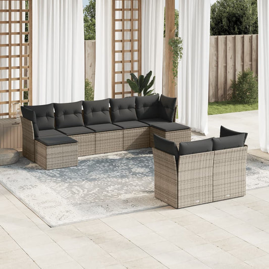 9-delige Loungeset met kussens poly rattan grijs