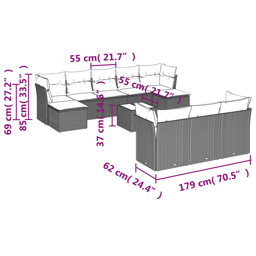 11-delige Loungeset met kussens poly rattan bruin