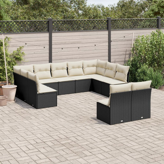 11-delige Loungeset met kussens poly rattan zwart