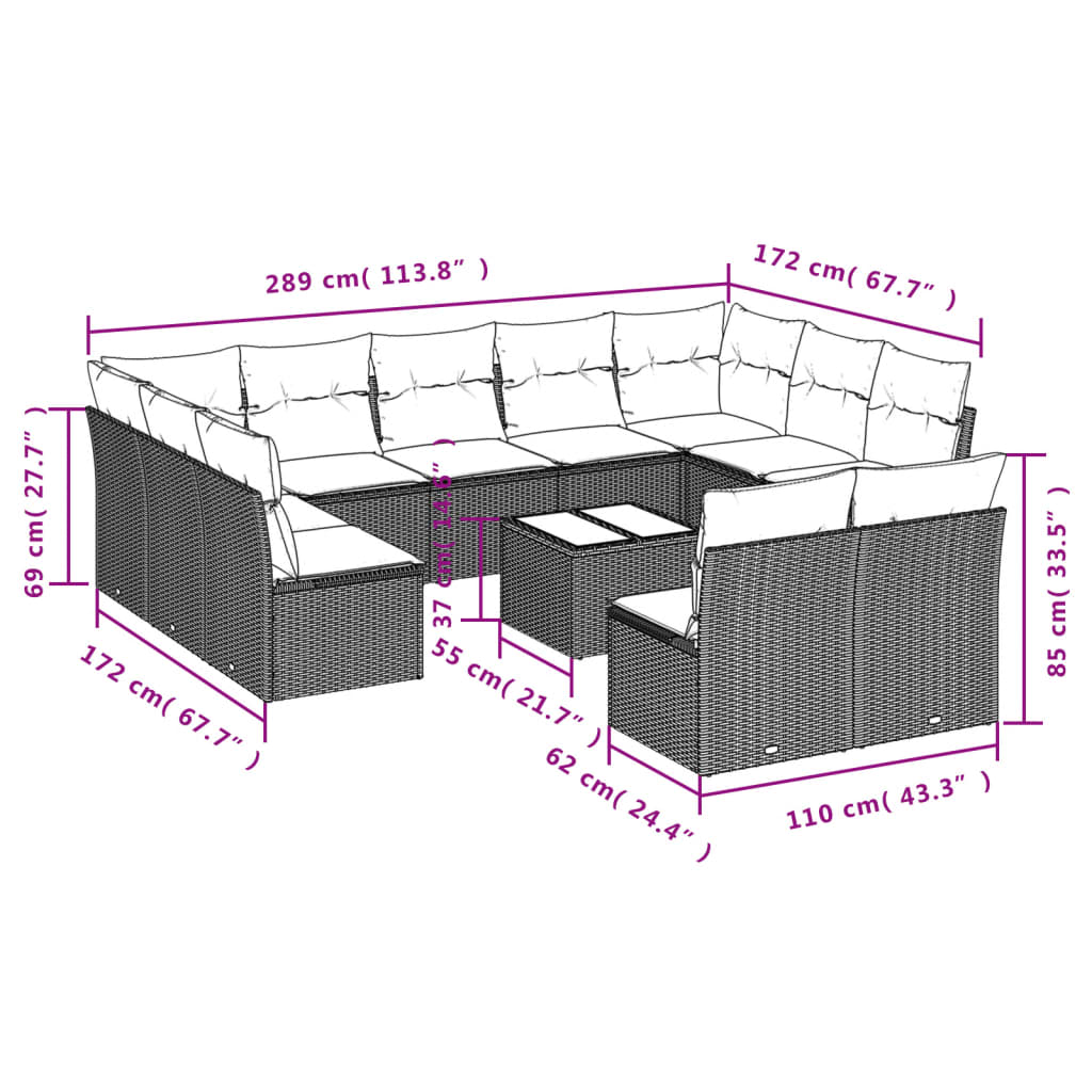 12-delige Loungeset met kussens poly rattan zwart