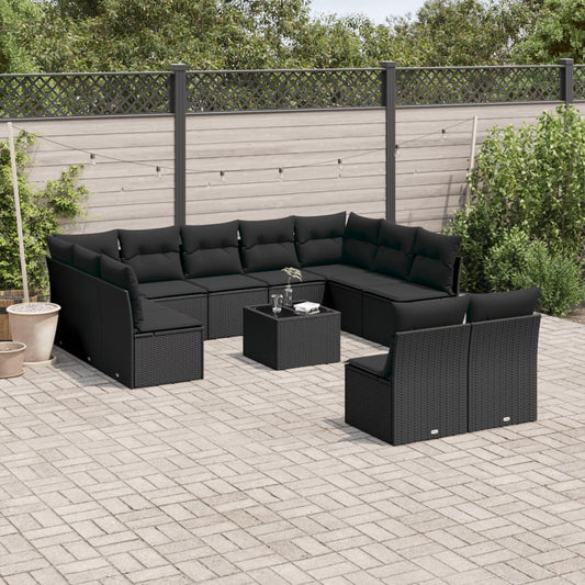 12-delige Loungeset met kussens poly rattan zwart