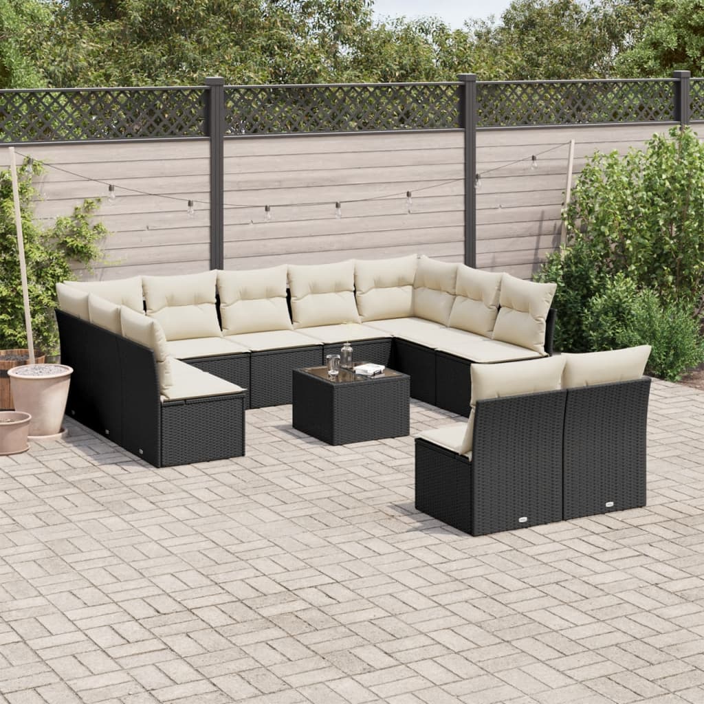 12-delige Loungeset met kussens poly rattan zwart