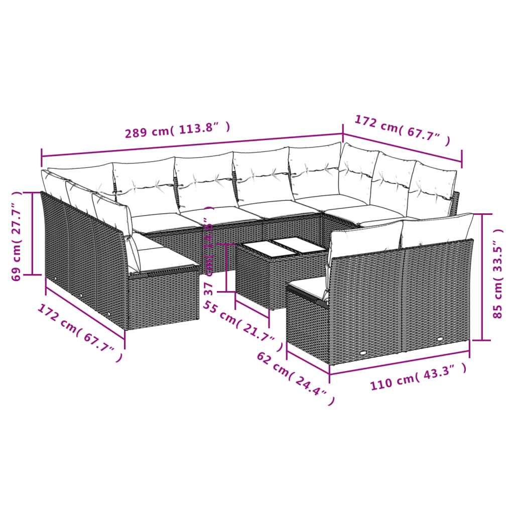 12-delige Loungeset met kussens poly rattan lichtgrijs