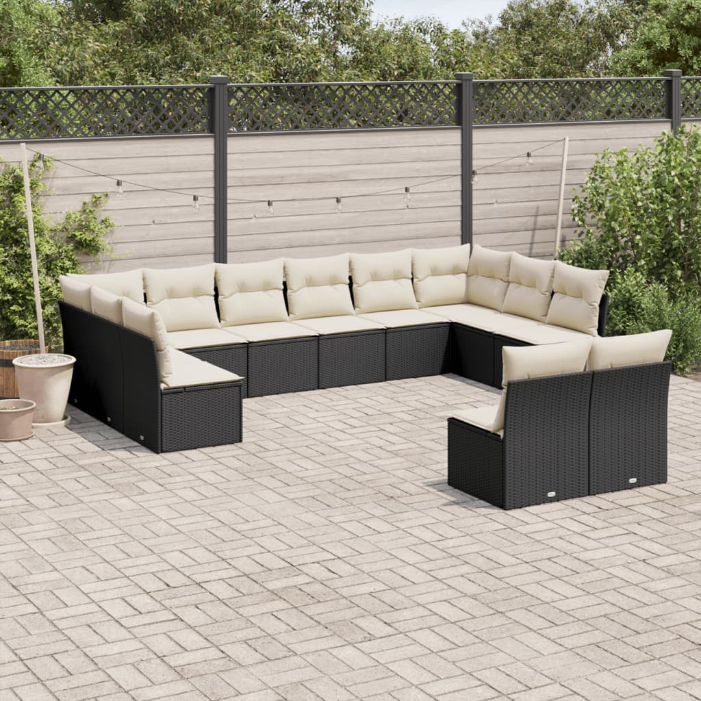 12-delige Loungeset met kussens poly rattan zwart