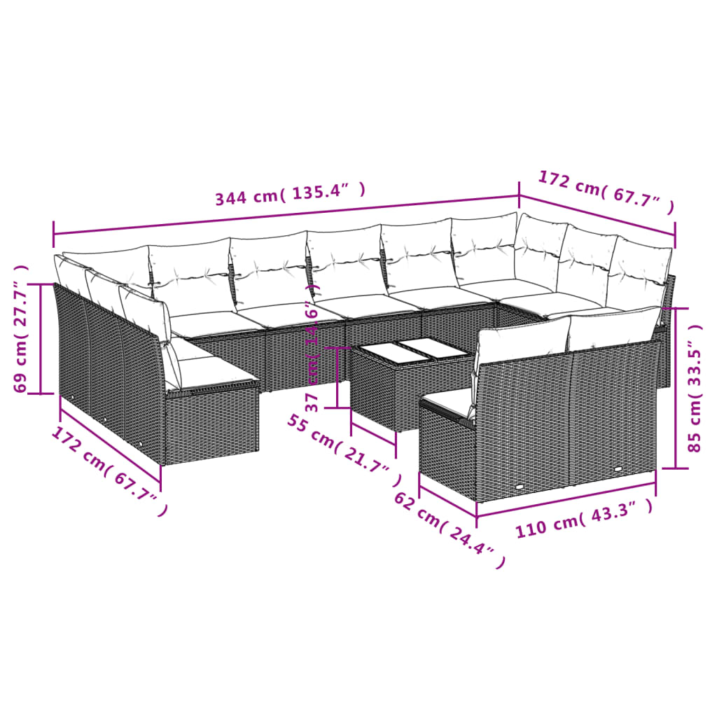 13-delige Loungeset met kussens poly rattan bruin