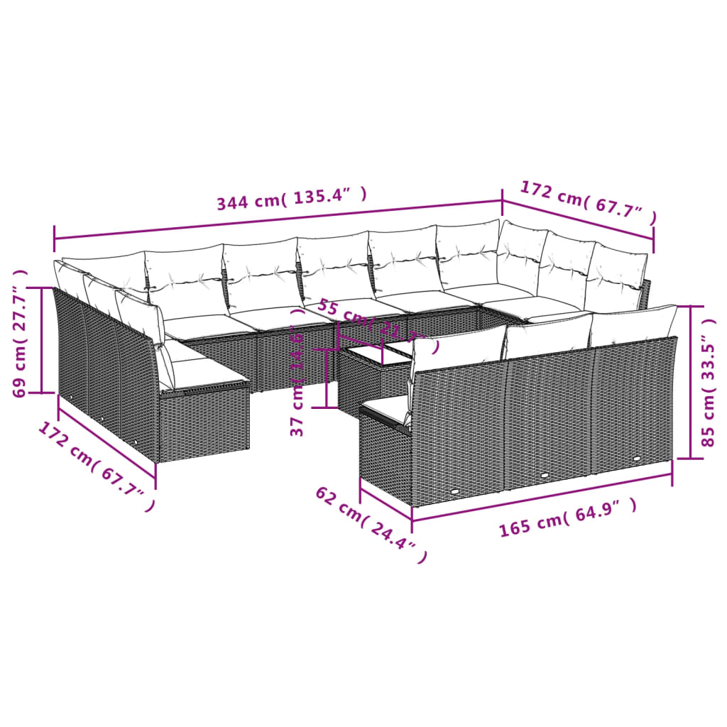 14-delige Loungeset met kussens poly rattan bruin