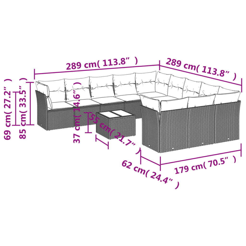 12-delige Loungeset met kussens poly rattan zwart