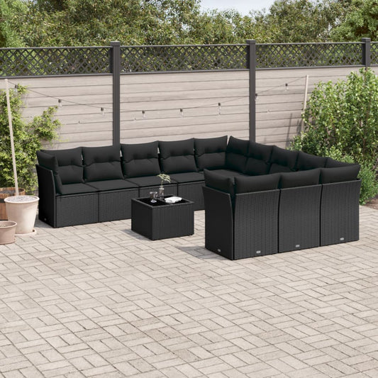 12-delige Loungeset met kussens poly rattan zwart