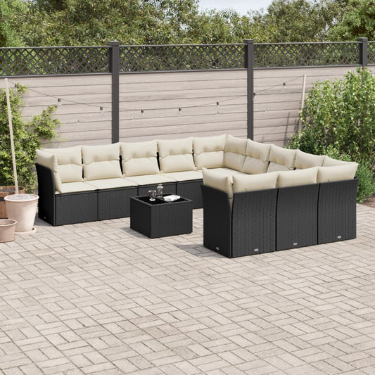 12-delige Loungeset met kussens poly rattan zwart