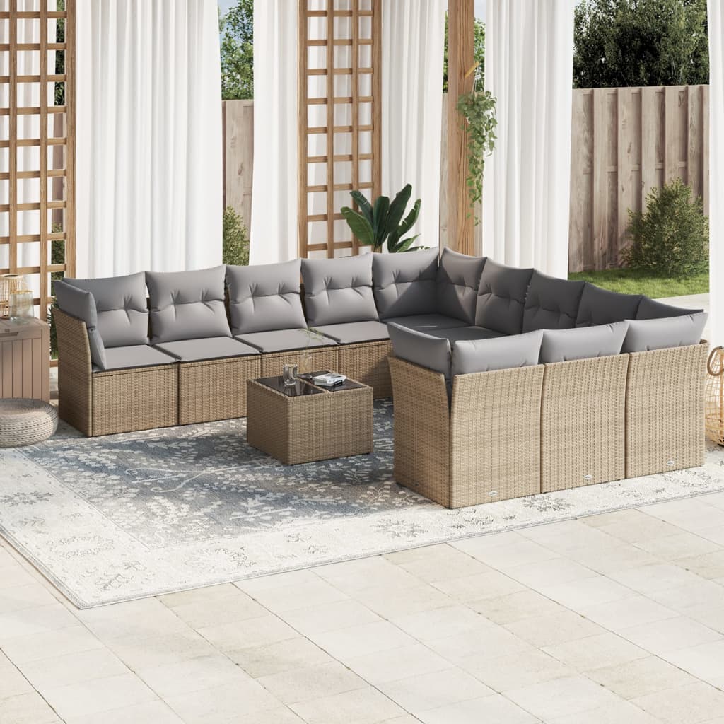 12-delige Loungeset met kussens poly rattan beige