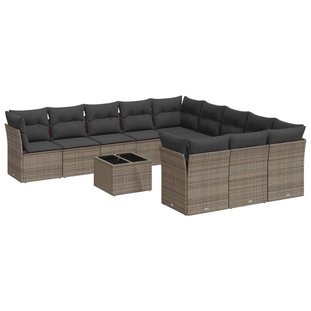 12-delige Loungeset met kussens poly rattan grijs