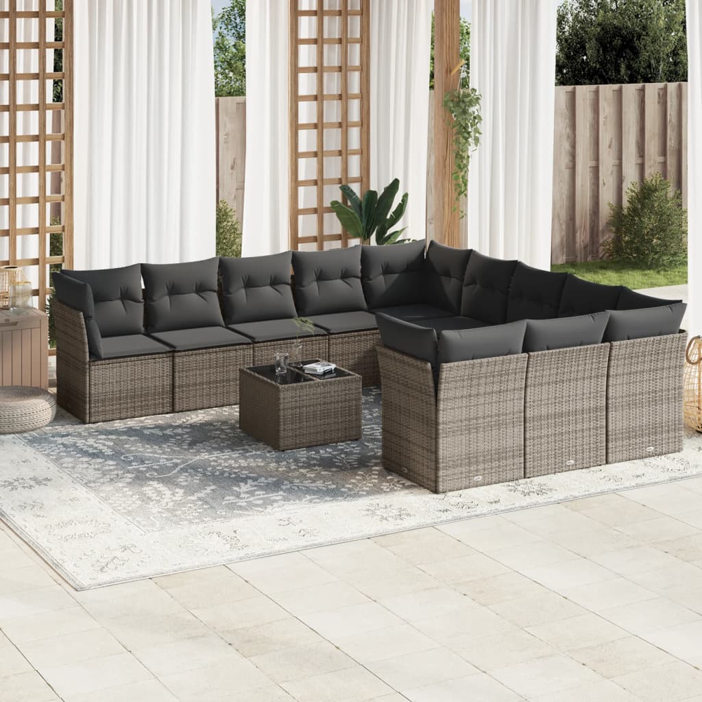 12-delige Loungeset met kussens poly rattan grijs