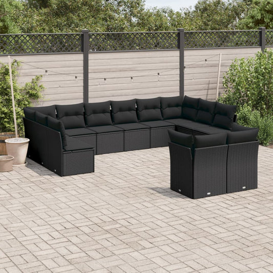 12-delige Loungeset met kussens poly rattan zwart