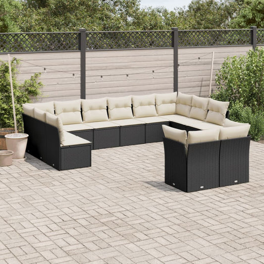 12-delige Loungeset met kussens poly rattan zwart