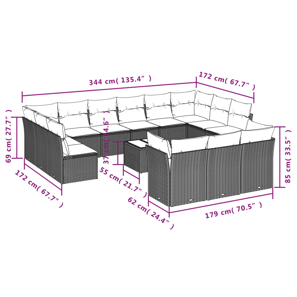 14-delige Loungeset met kussens poly rattan lichtgrijs