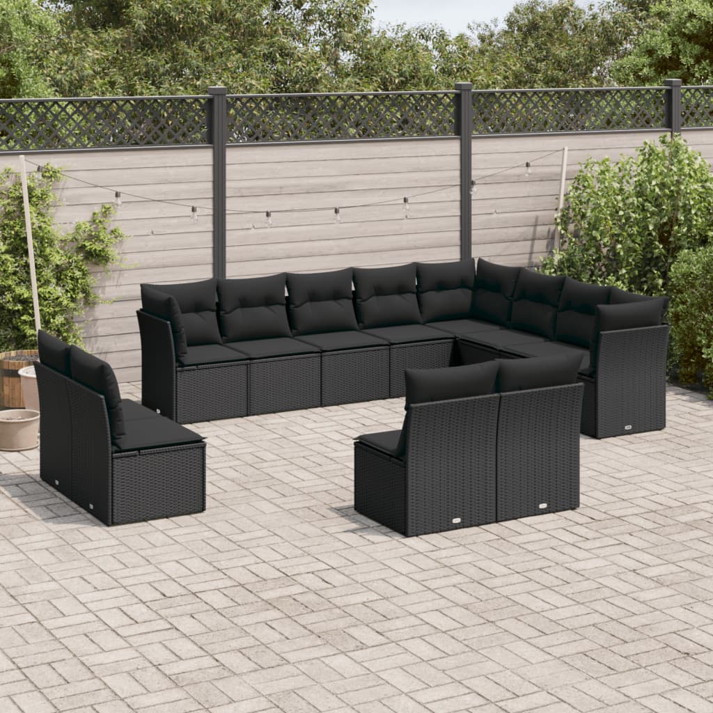 12-delige Loungeset met kussens poly rattan zwart