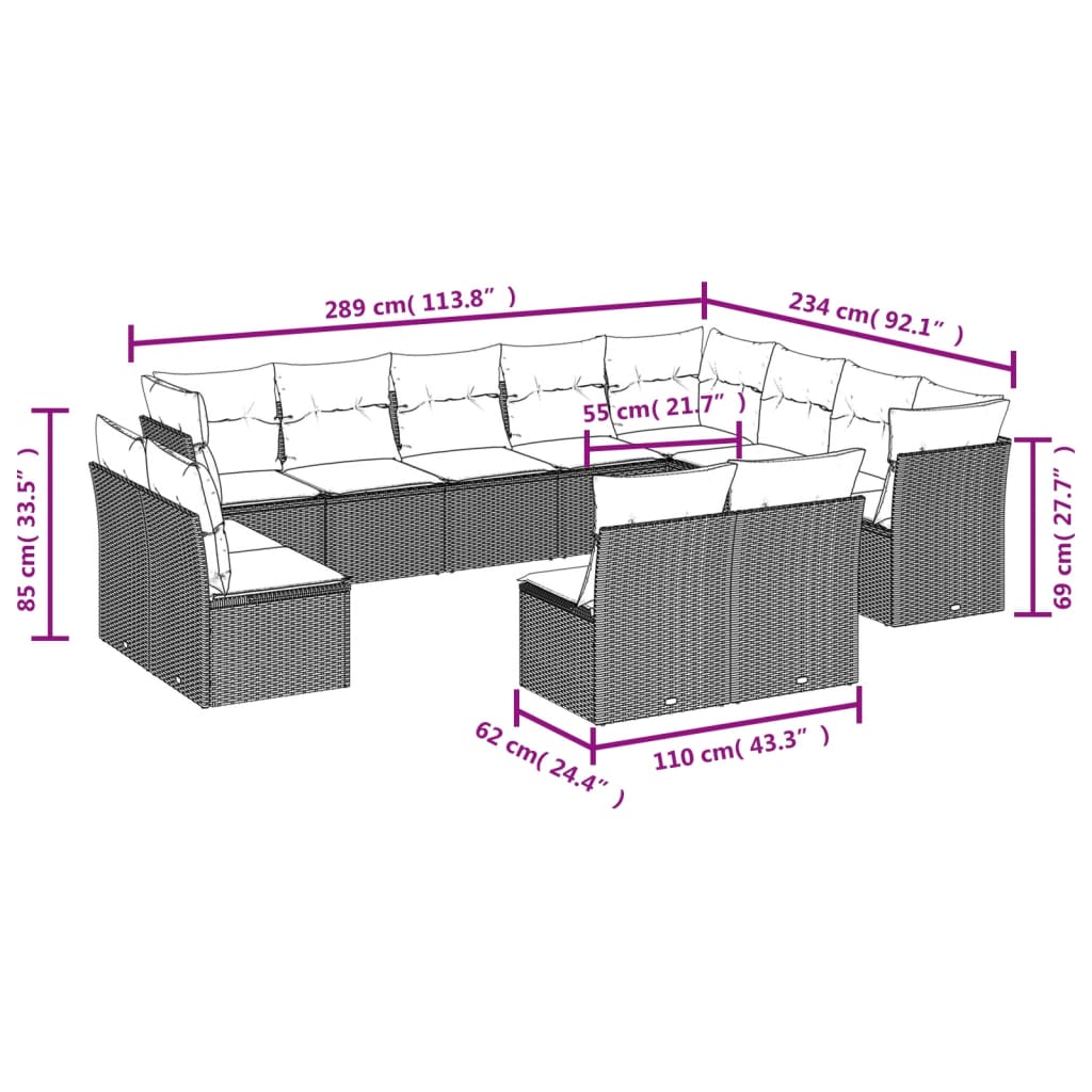 12-delige Loungeset met kussens poly rattan zwart