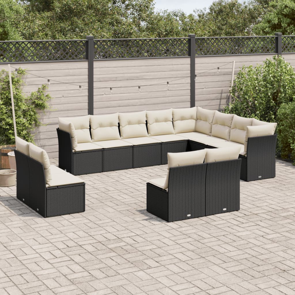 12-delige Loungeset met kussens poly rattan zwart