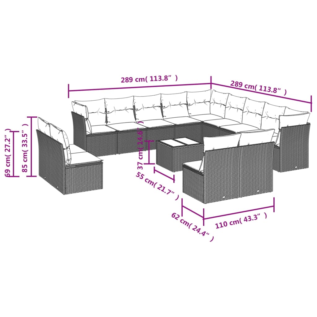 14-delige Loungeset met kussens poly rattan lichtgrijs