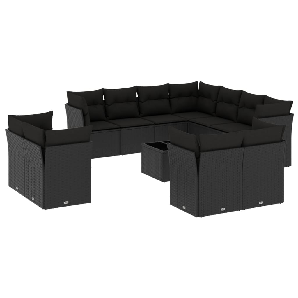 12-delige Loungeset met kussens poly rattan zwart