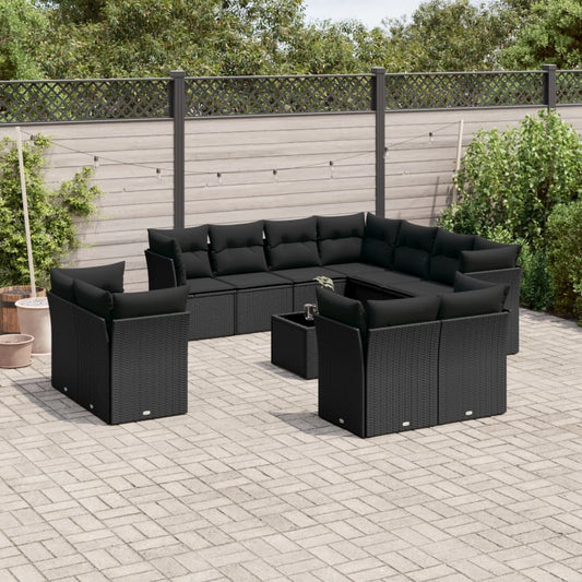 12-delige Loungeset met kussens poly rattan zwart