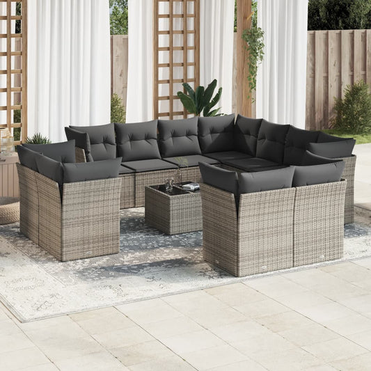 12-delige Loungeset met kussens poly rattan grijs