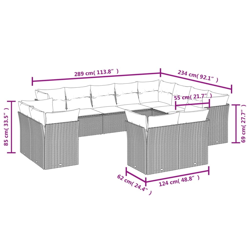 12-delige Loungeset met kussens poly rattan zwart