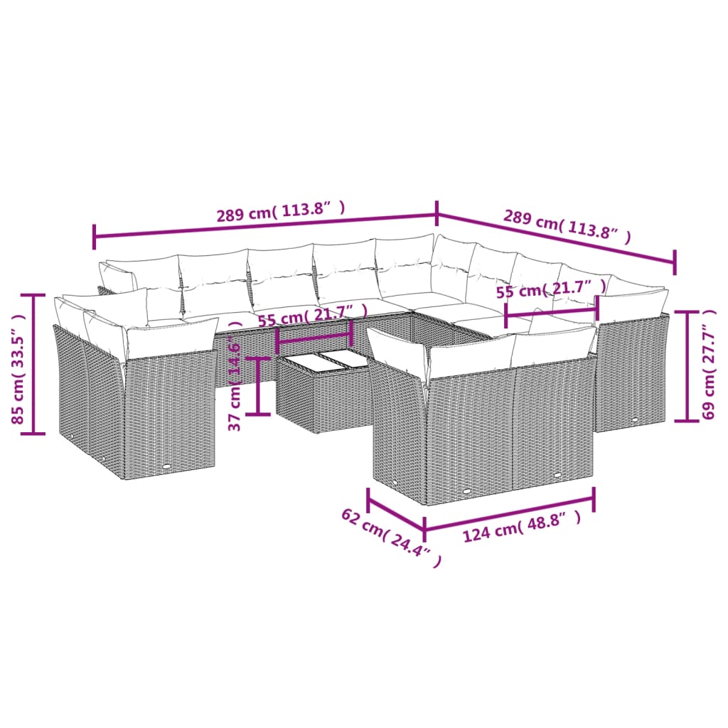 14-delige Loungeset met kussens poly rattan beige