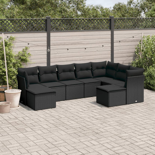 9-delige Loungeset met kussens poly rattan zwart