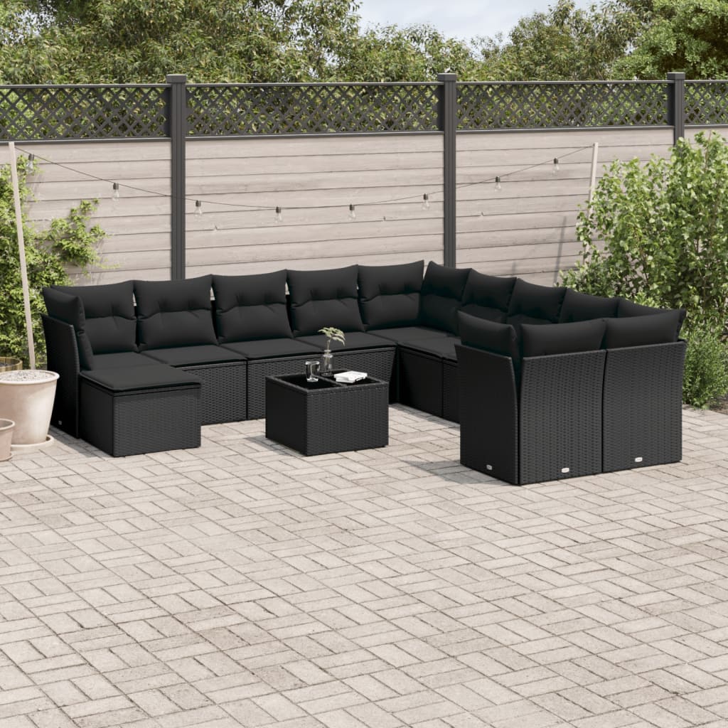 12-delige Loungeset met kussens poly rattan zwart