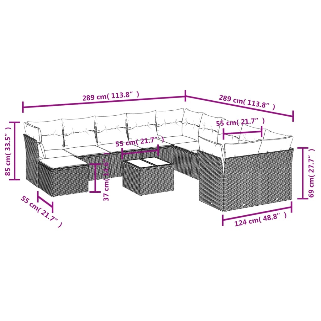 12-delige Loungeset met kussens poly rattan zwart