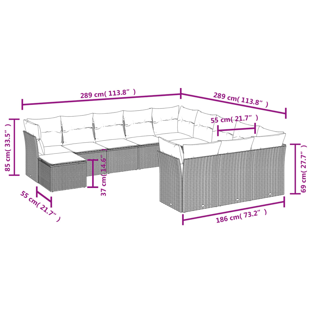 12-delige Loungeset met kussens poly rattan grijs