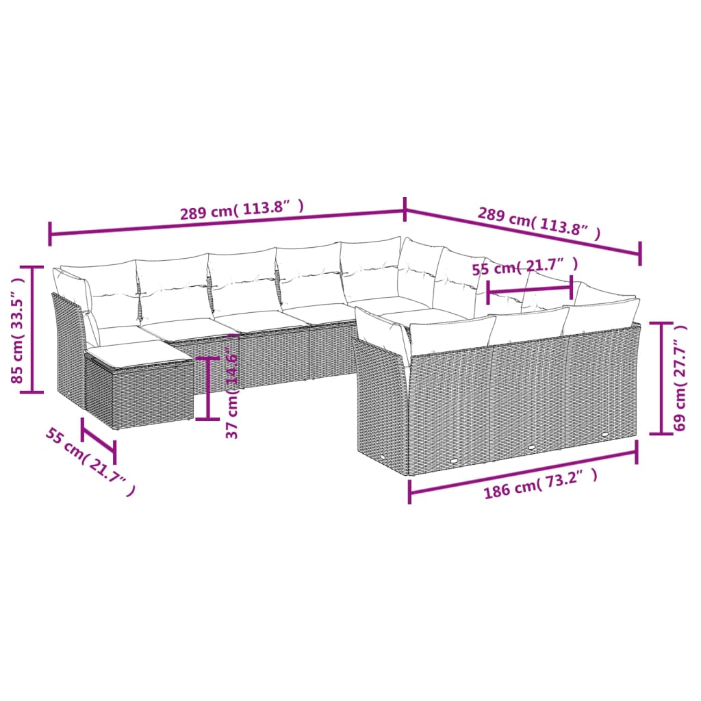 12-delige Loungeset met kussens poly rattan lichtgrijs