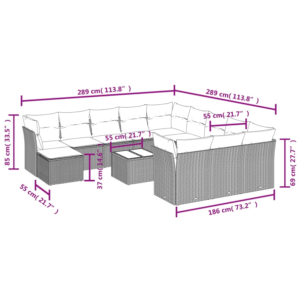 13-delige Loungeset met kussens poly rattan beige