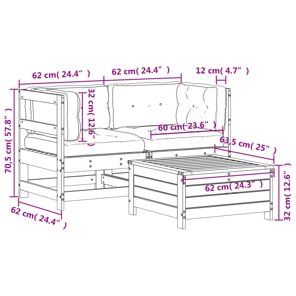 3-delige Loungeset met kussens massief grenenhout wit Tuinsets | Creëer jouw Trendy Thuis | Gratis bezorgd & Retour | Trendy.nl