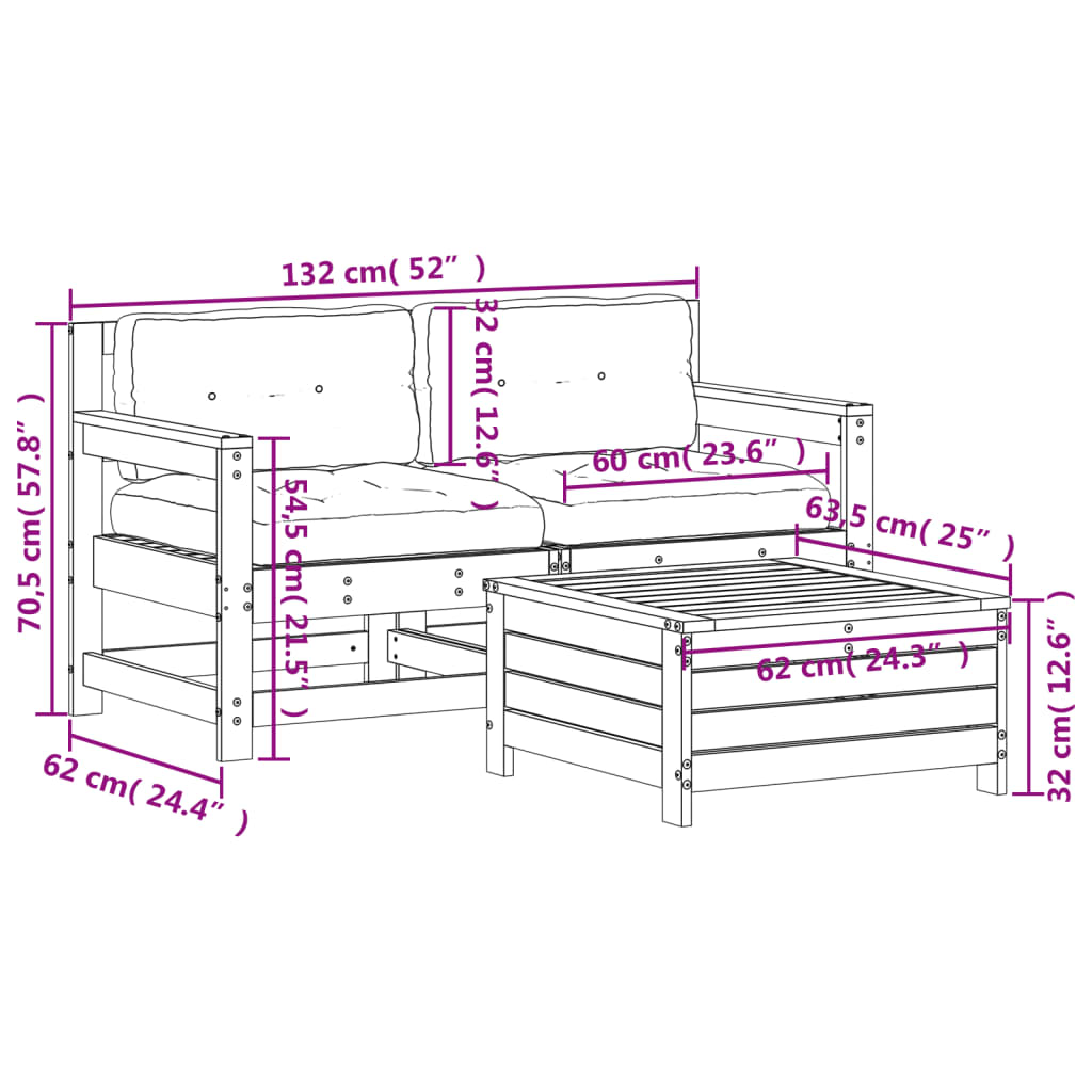 3-delige Loungeset met kussens massief grenenhout Tuinsets | Creëer jouw Trendy Thuis | Gratis bezorgd & Retour | Trendy.nl