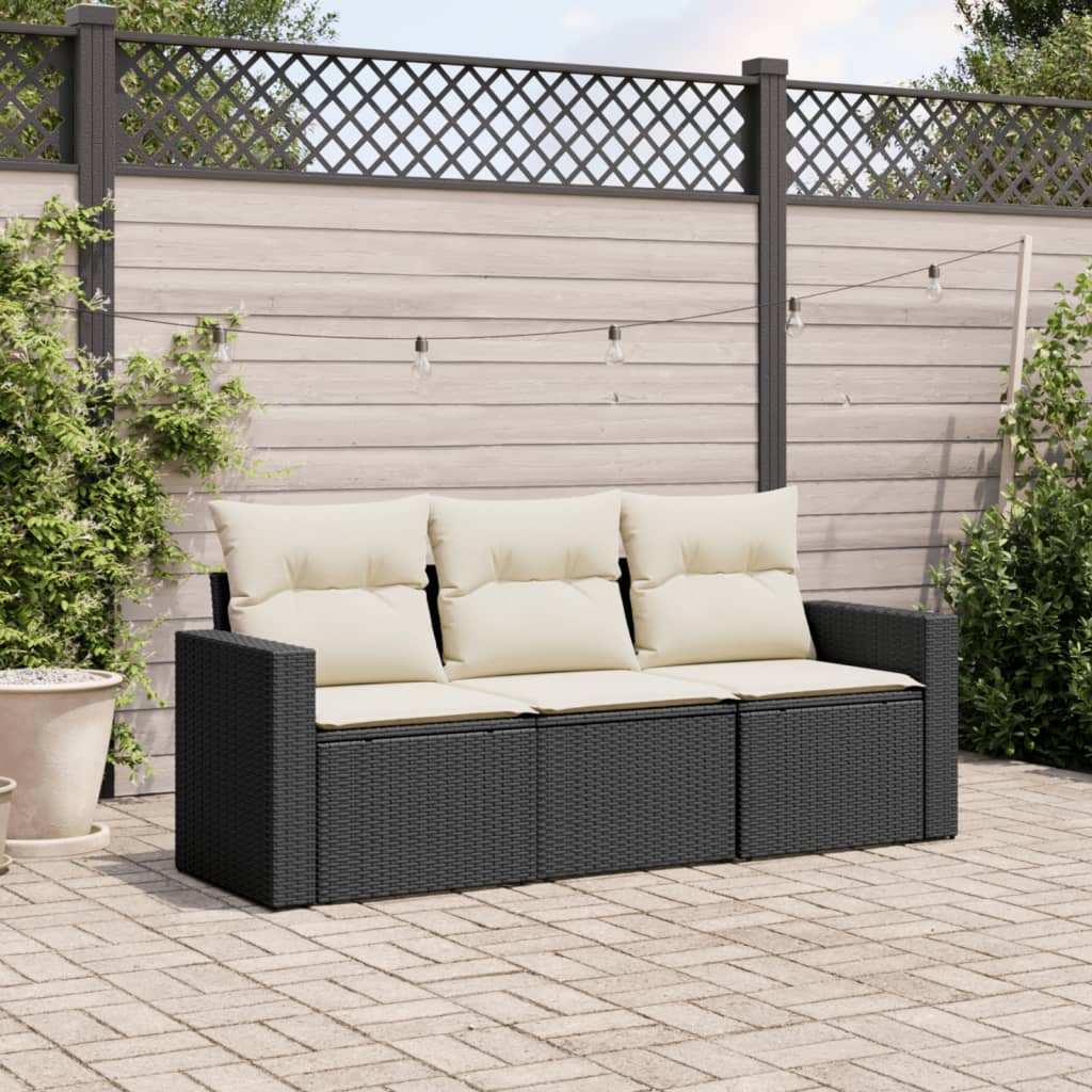 3-delige Loungeset met kussens poly rattan zwart