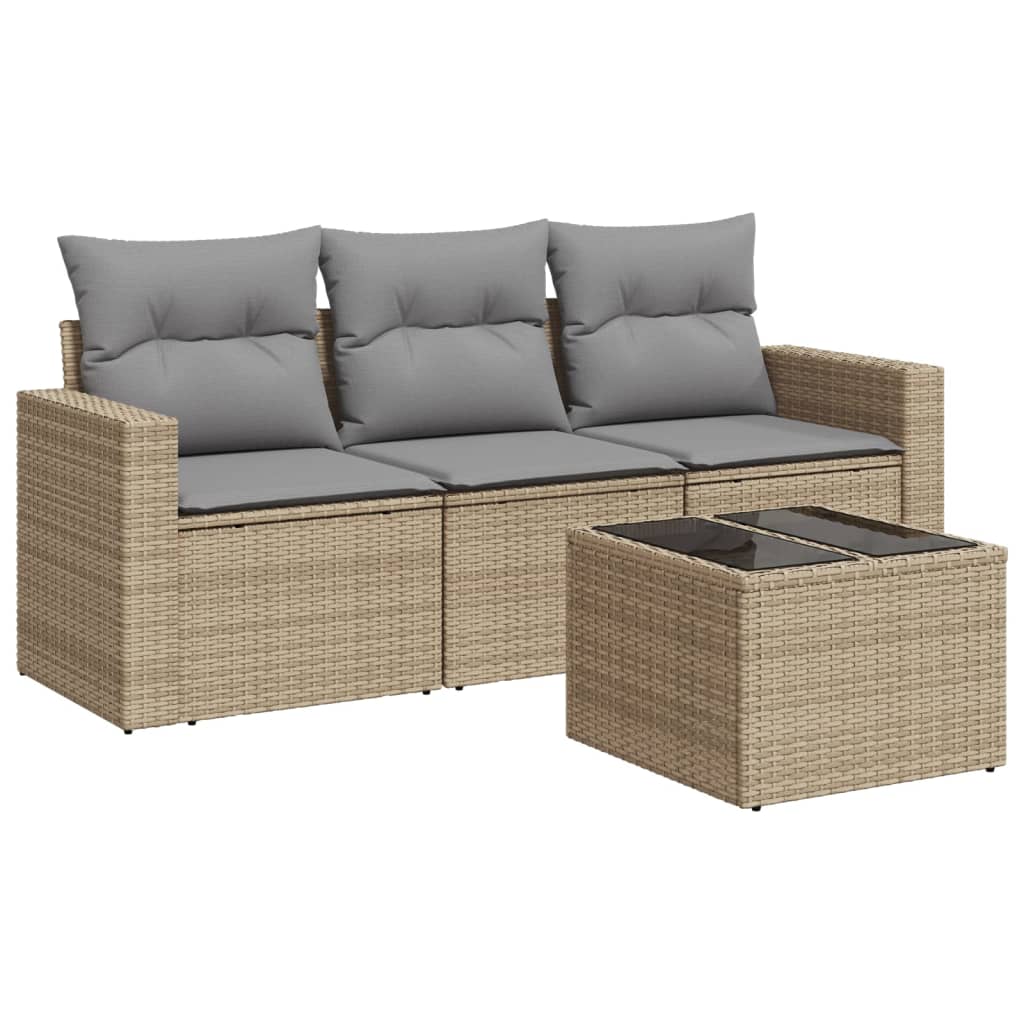 4-delige Loungeset met kussens poly rattan beige