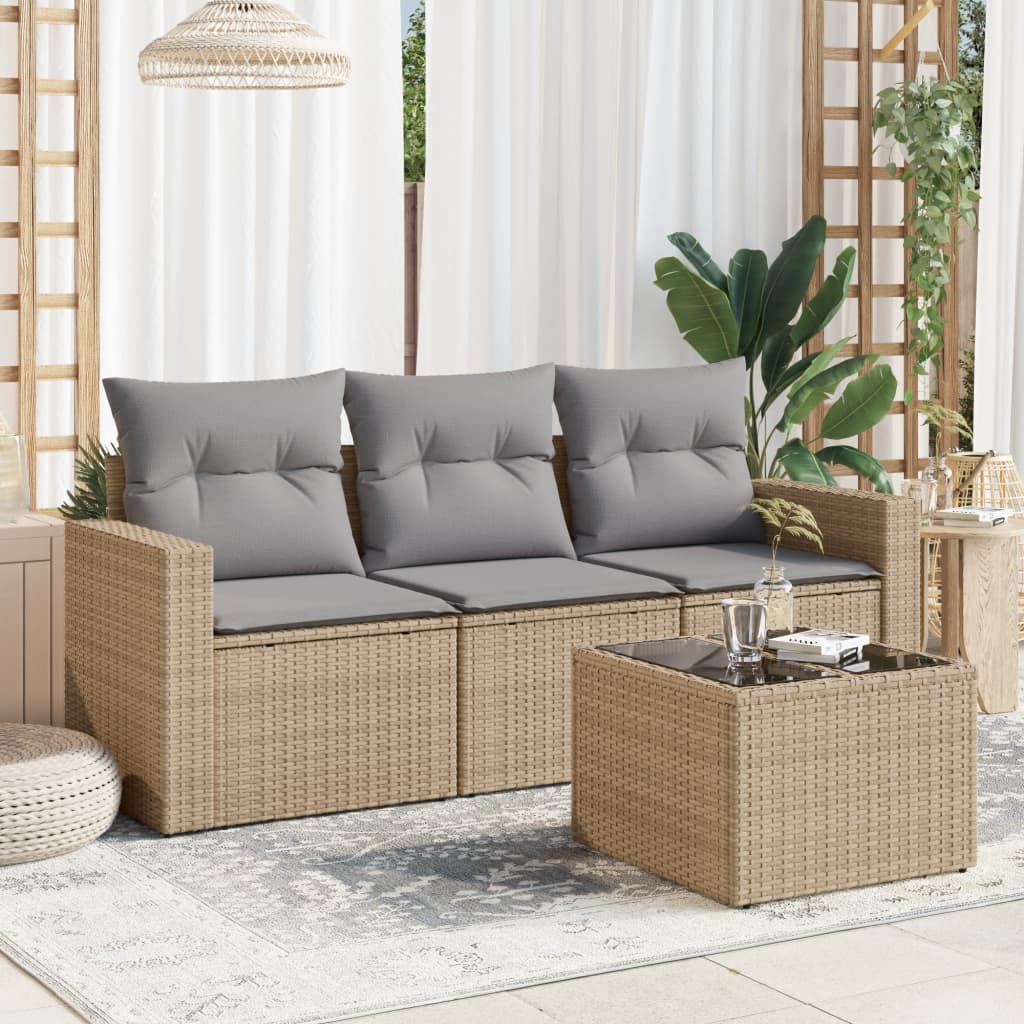 4-delige Loungeset met kussens poly rattan beige