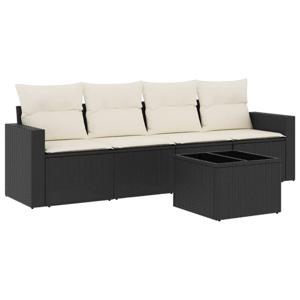 5-delige Loungeset met kussens poly rattan zwart